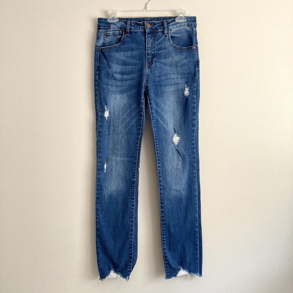 Risen Womens Distressed Frayed Hem High Rise Denim Jeans Straight Leg Size 9/29